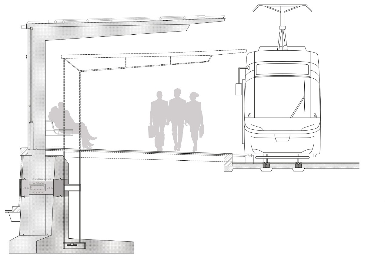 Tramhaltestelle Bahnhofquai Siegerprojekt EGENDER - Konstruktionsschnitt (Plan: Joos & Mathys Architekten AG, Zürich)